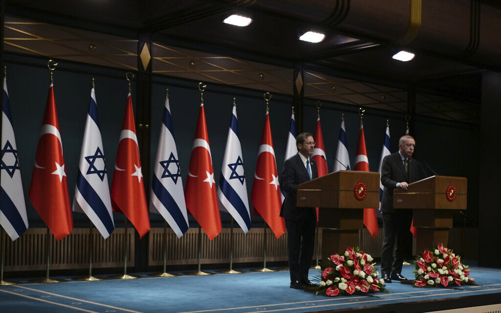 Turkish President Recep Tayyip Erdogan, right, and Israel's President Isaac Herzog speak to the media after their talks, in Ankara, Turkey, Wednesday, March 9, 2022. .(AP Photo/Burhan Ozbilici) Turkish President Recep Tayyip Erdogan, right, and Israel's President Isaac Herzog speak to the media after their talks, in Ankara, Turkey, Wednesday, March 9, 2022. .(AP Photo/Burhan Ozbilici)