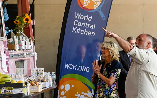 First Lady Jill Biden and Spanish chef Jose Andres of the World Central Kitchen greet volunteers from the World Central Kitchen association during a visit to a reception center for Ukrainian refugees in Madrid, Spain, June 28, 2022. (Oscar del Pozo/Pool Photo via AP, File) First Lady Jill Biden and Spanish chef Jose Andres of the World Central Kitchen greet volunteers from the World Central Kitchen association during a visit to a reception center for Ukrainian refugees in Madrid, Spain, June 28, 2022. (Oscar del Pozo/Pool Photo via AP, File)
