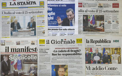 Front pages of newspapers reporting the collapse of the government are seen in Rome, July 22, 2022. (Andrew Medichini/AP) Front pages of newspapers reporting the collapse of the government are seen in Rome, July 22, 2022. (Andrew Medichini/AP)