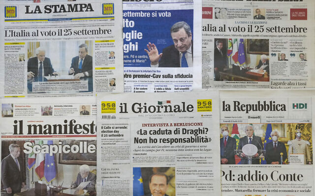Front pages of newspapers reporting the collapse of the government are seen in Rome, July 22, 2022. (Andrew Medichini/AP) Front pages of newspapers reporting the collapse of the government are seen in Rome, July 22, 2022. (Andrew Medichini/AP)