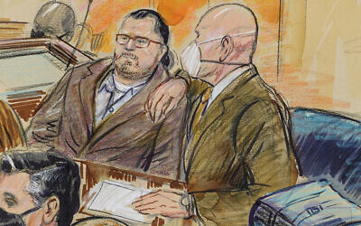 This artist sketch depicts Guy Wesley Reffitt, joined by his lawyer William Welch, right, in Federal Court, in Washington, on Feb. 28, 2022.  (Dana Verkouteren via AP)