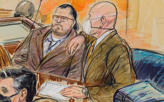 This artist sketch depicts Guy Wesley Reffitt, joined by his lawyer William Welch, right, in Federal Court, in Washington, on Feb. 28, 2022. (Dana Verkouteren via AP) This artist sketch depicts Guy Wesley Reffitt, joined by his lawyer William Welch, right, in Federal Court, in Washington, on Feb. 28, 2022. (Dana Verkouteren via AP)