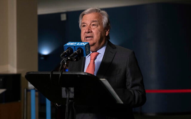United Nations Secretary-General Antonio Guterres makes remarks before the 2022 Nuclear Non-Proliferation Treaty (NPT) review conference in the United Nations General Assembly, August 1, 2022. (AP Photo/ Yuki Iwamura) United Nations Secretary-General Antonio Guterres makes remarks before the 2022 Nuclear Non-Proliferation Treaty (NPT) review conference in the United Nations General Assembly, August 1, 2022. (AP Photo/ Yuki Iwamura)