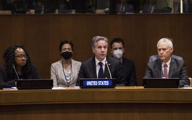 US Secretary of State Antony J. Blinken speaks during a meeting with Non-Proliferation Treaty (NPT) Non-Nuclear Weapons States Parties in the United Nations General Assembly, August 1, 2022. (AP Photo/Yuki Iwamura) US Secretary of State Antony J. Blinken speaks during a meeting with Non-Proliferation Treaty (NPT) Non-Nuclear Weapons States Parties in the United Nations General Assembly, August 1, 2022. (AP Photo/Yuki Iwamura)