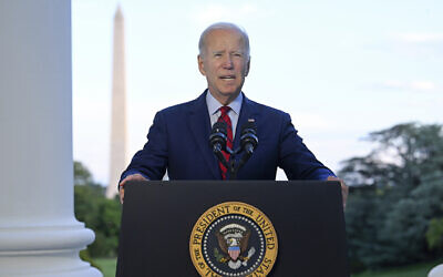 US President Joe Biden speaks from the Blue Room Balcony of the White House, August 1, 2022, in Washington, as he announces that a US airstrike killed al-Qaeda leader Ayman al-Zawahiri in Afghanistan. (Jim Watson/Pool via AP)