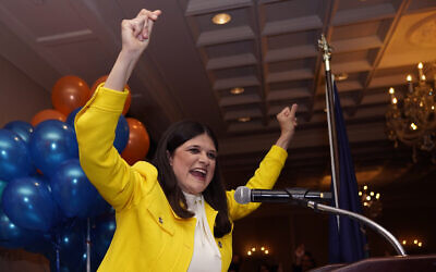 Haley Stevens, a Democratic Congresswoman representing Michigan's 11th Congressional District, celebrates after winning party primaries, in Birmingham, Michigan, August 2, 2022. (AP/Carlos Osorio)
