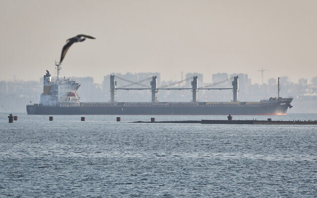 The ship Navi-Star carrying a load of corn starts its way from the port in Odesa, Ukraine, August 5, 2022. (AP/Nina Lyashonok)