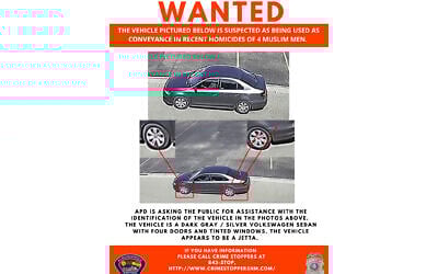 This Wanted poster released August 7, 2022, by the Albuquerque Police Department shows a vehicle suspected of being used as a conveyance in the recent homicides of four Muslim men in Albuquerque, New Mexico. (Albuquerque Police Department via AP)
