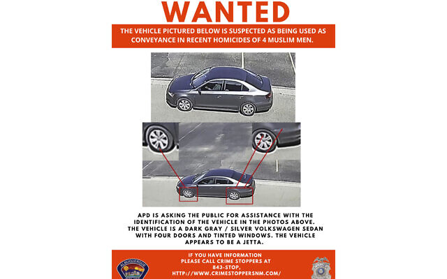 This Wanted poster released August 7, 2022, by the Albuquerque Police Department shows a vehicle suspected of being used as a conveyance in the recent homicides of four Muslim men in Albuquerque, New Mexico. (Albuquerque Police Department via AP)