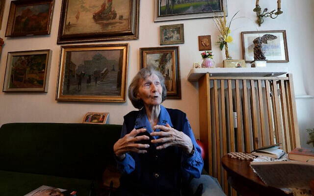 Zofia Posmysz, a then-96-year-old Polish Catholic woman who survived the Nazi German concentration camps of Auschwitz and Ravensbrueck, poses at her home in Warsaw, Poland, January 14, 2020. (AP Photo/ Czarek Sokolowski, File)
