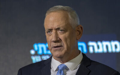 Defense Minister Benny Gantz speaks at a press conference in Ramat Gan, August 14, 2022. (AP Photo/Tsafrir Abayov)