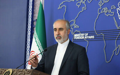 Foreign Ministry spokesperson Nasser Kanaani speaks in Tehran, Iran, on August 11, 2022. (Iranian Foreign Ministry via AP)