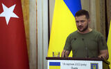 Ukrainian President Volodymyr Zelensky attends joint press conference in Lviv, Ukraine, on Aug, 18, 2022. (Evgeniy Maloletka/AP)