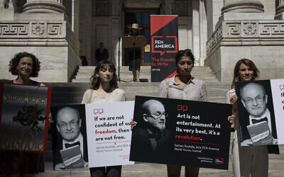 A group of writers and supporters gather in solidarity in support of author Salman Rushdie outside the New York Public Library, Friday, August 19, 2022, in New York. (AP/Yuki Iwamura)