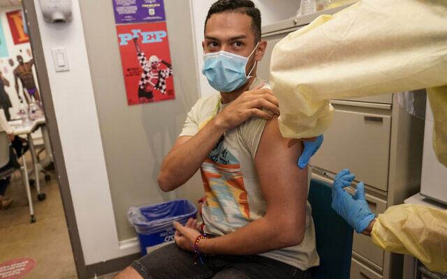 A patient is inoculated with the monkeypox vaccine at the OASIS Wellness Center, Aug. 19, 2022, in New York. (AP/Mary Altaffer) A patient is inoculated with the monkeypox vaccine at the OASIS Wellness Center, Aug. 19, 2022, in New York. (AP/Mary Altaffer)