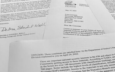 A letter from acting archivist of the United States Debra Steidel Wall to former President Donald Trump's legal team is photographed on August 23, 2022. (AP Photo/Jon Elswick)