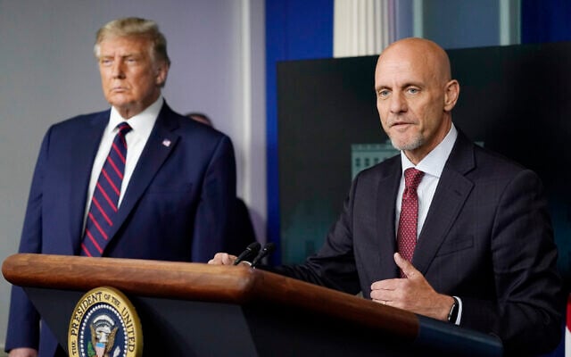 Then-US president Donald Trump listens as Dr. Stephen Hahn, at the time commissioner of the US Food and Drug Administration, speaks during a media briefing in the James Brady Briefing Room of the White House, in Washington, August 23, 2020. (Alex Brandon/AP) Then-US president Donald Trump listens as Dr. Stephen Hahn, at the time commissioner of the US Food and Drug Administration, speaks during a media briefing in the James Brady Briefing Room of the White House, in Washington, August 23, 2020. (Alex Brandon/AP)