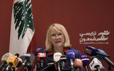Tracy Chamoun, 61, a granddaughter of the late diplomat and Lebanese President Camille Chamoun, speaks during an announcement of her candidacy in the country's upcoming presidential election, in Beirut, Lebanon, Aug. 29, 2022 (AP Photo/Hassan Ammar)