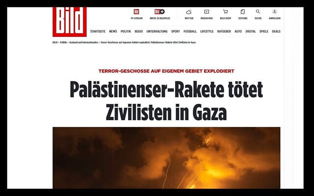 A headline on the German newspaper Bild's website, August 7, 2022, that reads: 'Palestinian rocket kills civilians in Gaza' (Screenshot) A headline on the German newspaper Bild's website, August 7, 2022, that reads: 'Palestinian rocket kills civilians in Gaza' (Screenshot)