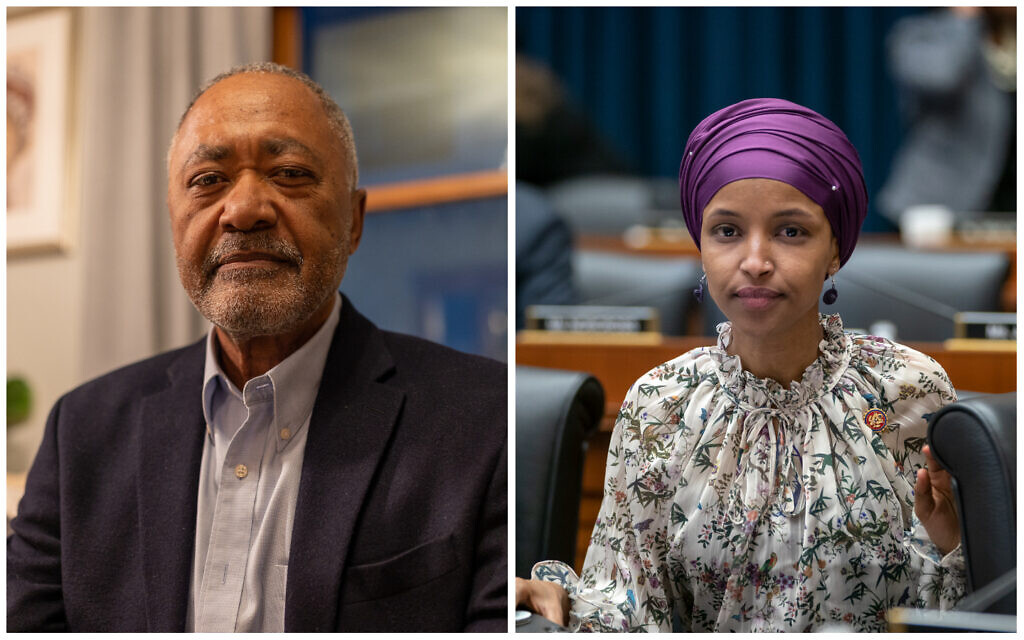(L) Don Samuels, Democratic candidate for Minnesota's 5th Congressional district. (R) Rep. Ilhan Omar, D-Minn. at a House Education and Labor Committee hearing on Capitol Hill in Washington on March 6, 2019. (Neighbors for Samuels; AP/J. Scott Applewhite/collage by Times of Israel) (L) Don Samuels, Democratic candidate for Minnesota's 5th Congressional district. (R) Rep. Ilhan Omar, D-Minn. at a House Education and Labor Committee hearing on Capitol Hill in Washington on March 6, 2019. (Neighbors for Samuels; AP/J. Scott Applewhite/collage by Times of Israel)