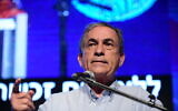 Israeli journalist Gideon Levy speaks at a  in Airport City on September 3, 2019. (Tomer Neuberg/Flash90)