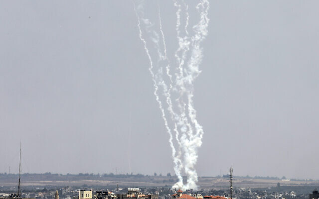 Rockets are fired toward Israel from Gaza City on August 6, 2022. (Attia Muhammed/Flash90) Rockets are fired toward Israel from Gaza City on August 6, 2022. (Attia Muhammed/Flash90)