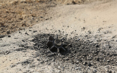 A rocket strike near a kibbutz from a barrage launched toward Israel by a Gaza terror group, August 6, 2022. (Flash90)