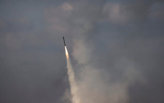 An Iron Dome air defense missile is seen being launched in southern Israel on August 06, 2022 (Yonatan Sindel/Flash90) An Iron Dome air defense missile is seen being launched in southern Israel on August 06, 2022 (Yonatan Sindel/Flash90)
