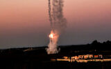 Iron dome anti-missile system fires interception missiles as rockets fired from the Gaza Strip to Israel, in Sderot, on August 7, 2022. (Yossi Zamir/Flash90)