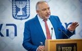 Finance Minister Avigdor Liberman speaks during a press conference at the Finance Ministry in Jerusalem, August 17, 2022. (Yonatan Sindel/Flash90)