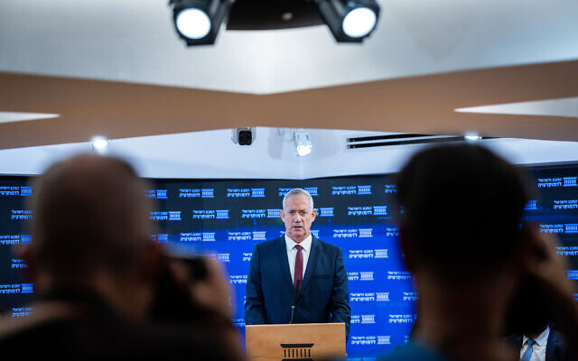 Defense Minister Benny Gantz speaks during a National Unity faction meeting at the Israel Democracy Institute in Jerusalem on August 23, 2022. (Yonatan Sindel/Flash90)
