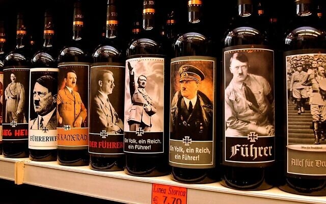Bottles of Lunardelli Wine with labels depicting Nazi leader Adolf Hitler are displayed on a shelf in a wine shop near Venice, Sept. 12, 2003. (Giuseppe Cacace/Getty Images via JTA) Bottles of Lunardelli Wine with labels depicting Nazi leader Adolf Hitler are displayed on a shelf in a wine shop near Venice, Sept. 12, 2003. (Giuseppe Cacace/Getty Images via JTA)