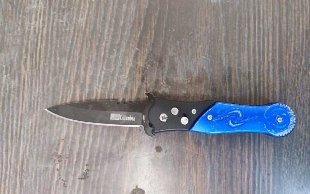 A knife found on a Palestinian suspected of planning a stabbing attack at the Reihan crossing in the West Bank on August 27, 2022. (Defense Ministry) A knife found on a Palestinian suspected of planning a stabbing attack at the Reihan crossing in the West Bank on August 27, 2022. (Defense Ministry)