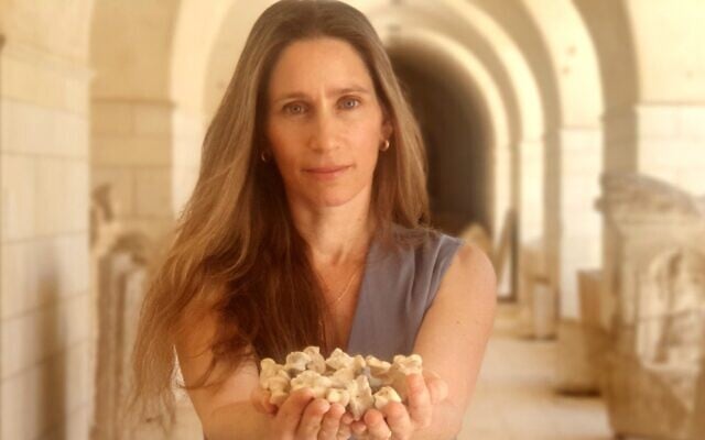 Lee Perry-Gal, an Israel Antiques Authority zooarchaeologist, holds a rare collection of astragali dating from the Hellenistic period. (Yoli Schwartz/Israel Antiquities Authority) Lee Perry-Gal, an Israel Antiques Authority zooarchaeologist, holds a rare collection of astragali dating from the Hellenistic period. (Yoli Schwartz/Israel Antiquities Authority)
