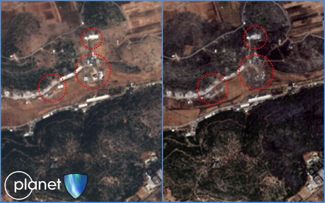 In these before and after satellite images taken August 25 and 27, 2022, damage is seen to the Scientific Studies and Research Center in Masyaf, Syria. (Planet Labs PBC via Aurora Intel) In these before and after satellite images taken August 25 and 27, 2022, damage is seen to the Scientific Studies and Research Center in Masyaf, Syria. (Planet Labs PBC via Aurora Intel)