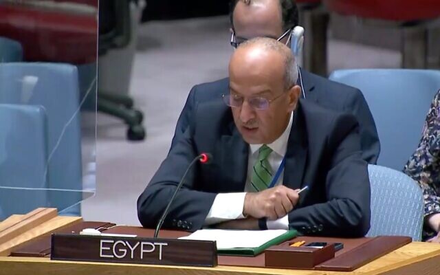 Egyptian Ambassador to the UN Osama Abdel Khalek addresses the Security Council on August 8, 2022. (Screen capture/UN TV) Egyptian Ambassador to the UN Osama Abdel Khalek addresses the Security Council on August 8, 2022. (Screen capture/UN TV)