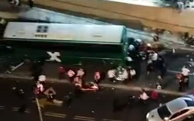 The scene of a bus crash on Jerusalem's Shamgar Street on August 11, 2022. (Screen capture/Courtesy)
