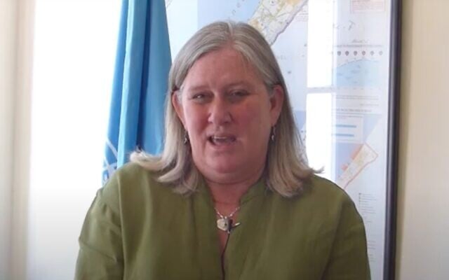 OCHA OPT Head Sarah Muscroft speaks in a video address on June 10, 2021. (Screen capture/YouTube)