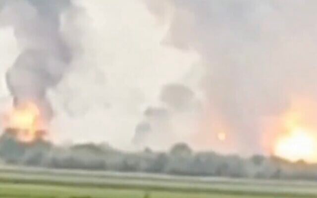 A screenshot of video showing explosions at a military base in Mayskoye in Russian-annexed Crimea, August 16, 2022. (Screen capture: Twitter) A screenshot of video showing explosions at a military base in Mayskoye in Russian-annexed Crimea, August 16, 2022. (Screen capture: Twitter)