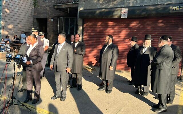 NYPD Commissioner Keechant Sewell gave a press conference in Williamsburg, Brooklyn, Aug. 29, 2022, to discuss increasing the local police presence and announce arrests in antisemitic hate crime incidents. (WMSGB via JTA) NYPD Commissioner Keechant Sewell gave a press conference in Williamsburg, Brooklyn, Aug. 29, 2022, to discuss increasing the local police presence and announce arrests in antisemitic hate crime incidents. (WMSGB via JTA)
