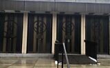 Swastikas were spray-painted on Montreal's Congregation Shaar Hashomayim's front doors, Jan. 13, 2021. (Photo distributed by Friends of Simon Wiesenthal Center via JTA)