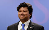 Shri Thanedar at a news conference in Detroit, June 8, 2017. (AP Photo/Carlos Osorio, File)