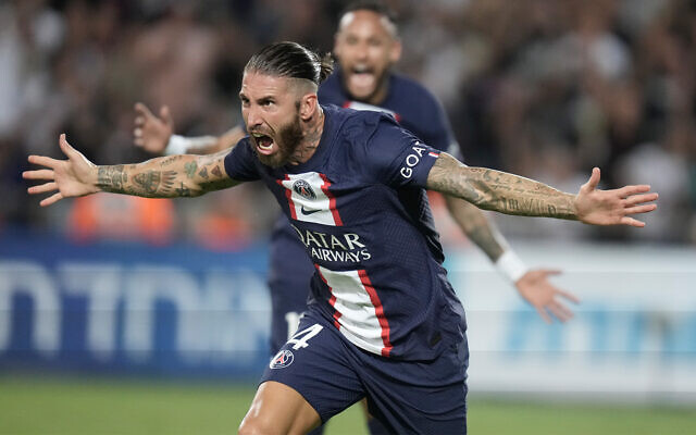 PSG's Sergio Ramos celebrates after scoring his side's third goal during the French Champions Trophy soccer match between Nantes and Paris Saint-Germain at Bloomfield Stadium in Tel Aviv, Israel, July 31, 2022. (AP Photo/Ariel Schalit) PSG's Sergio Ramos celebrates after scoring his side's third goal during the French Champions Trophy soccer match between Nantes and Paris Saint-Germain at Bloomfield Stadium in Tel Aviv, Israel, July 31, 2022. (AP Photo/Ariel Schalit)
