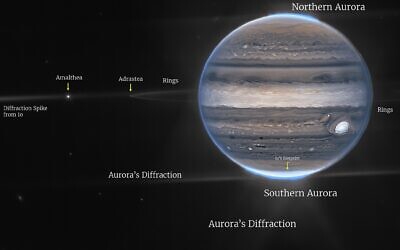 This labeled image provided by NASA shows a false color composite image of Jupiter obtained by the James Webb Space Telescope on July 27, 2022. The planet’s rings and some of its small satellites are visible along with background galaxies. (NASA)