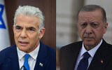 Composite image shows Prime Minister Yair Lapid, left, and Turkish President Recep Tayyip Erdogan, right. (Marc Israel Sellem/Pool; AP Photo/Burhan Ozbilici)