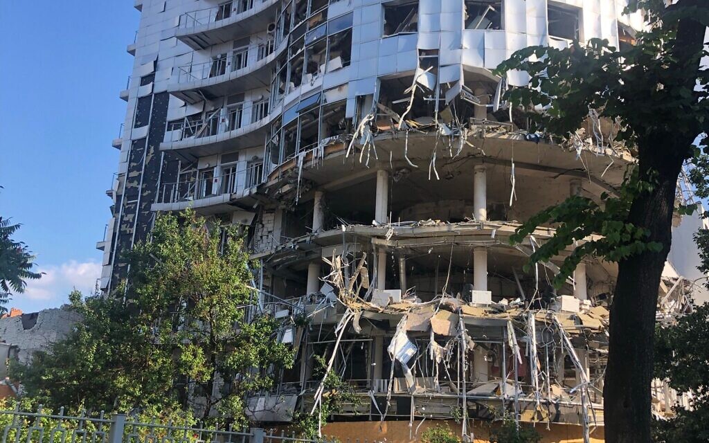 A building in central Kharkiv, July 27, 2022 (Lazar Berman/The Times of Israel)