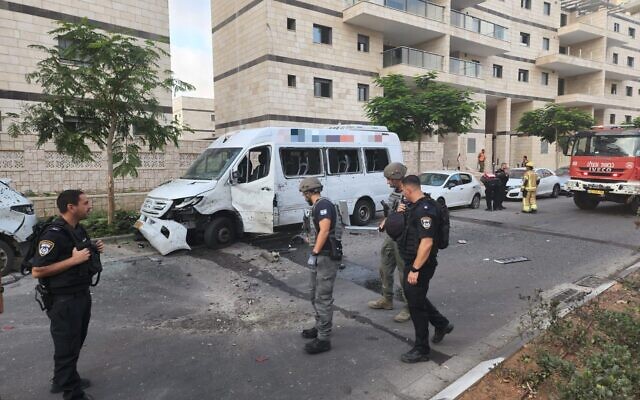 A rocket strike in the southern city of Ashkelon after barrage launched toward Israel by a Gaza terror group, August 6, 2022. (Israel Police) A rocket strike in the southern city of Ashkelon after barrage launched toward Israel by a Gaza terror group, August 6, 2022. (Israel Police)