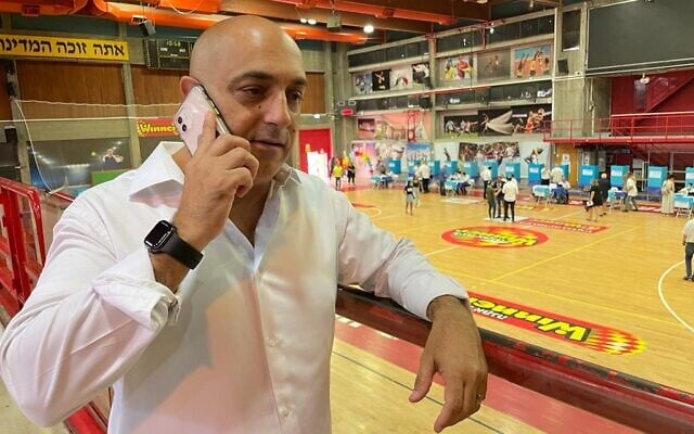 Likud candidate David Sharan at the party's primary in Rishon Lezion, August 10, 2022 (Carrie Keller-Lynn / The Times of Israel)