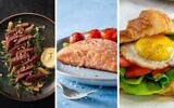 In this picture from left: Redefine Meat's plant-based steak, Plantish's plant-based salmon fillets, and plant-based 'egg' by Israeli startup Yo! Egg. (Credits: Redefine Meat, Plantish, Yo! Egg)