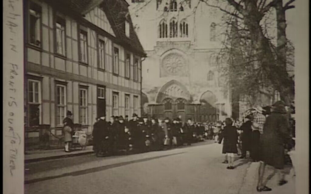 Nazis line up Jewish deportees in front of the German city of Halberstadt’s famous 13th-century Gothic cathedral, in an image presented by Lothar Lou Beverstein to the USC Shoah Foundation Visual History Archive. Nazis line up Jewish deportees in front of the German city of Halberstadt’s famous 13th-century Gothic cathedral, in an image presented by Lothar Lou Beverstein to the USC Shoah Foundation Visual History Archive.